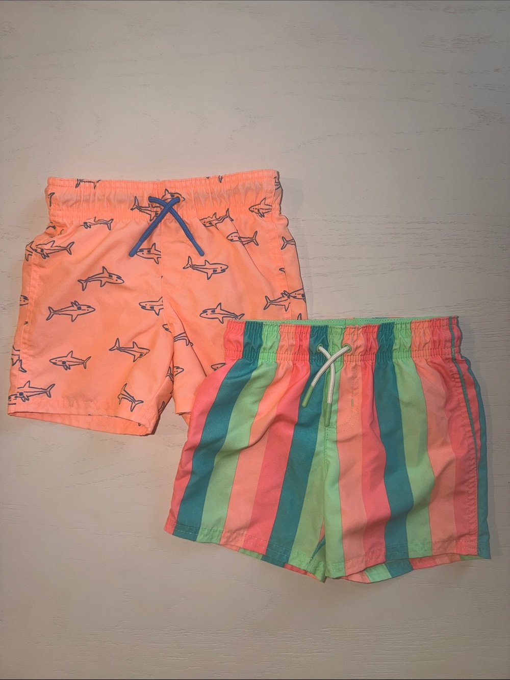 Cat & Jack Toddler Boy Set of 2 Neon Coral Shark & Striped Swim Shorts 3T